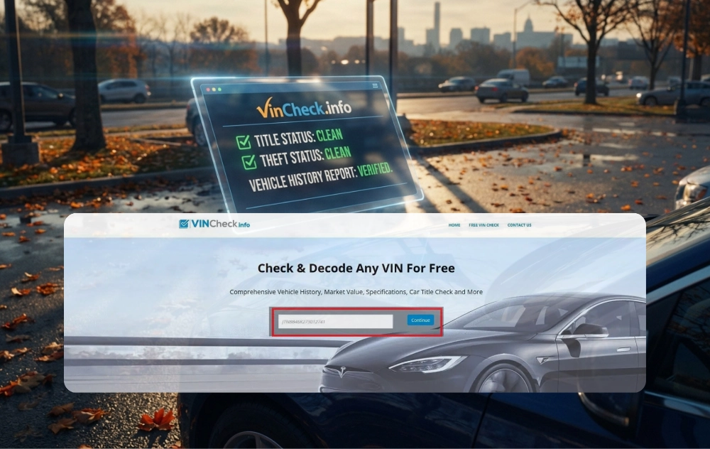 A sleek, 3D stylized holographic tablet displaying a 'VinCheck.info' vehicle history report.