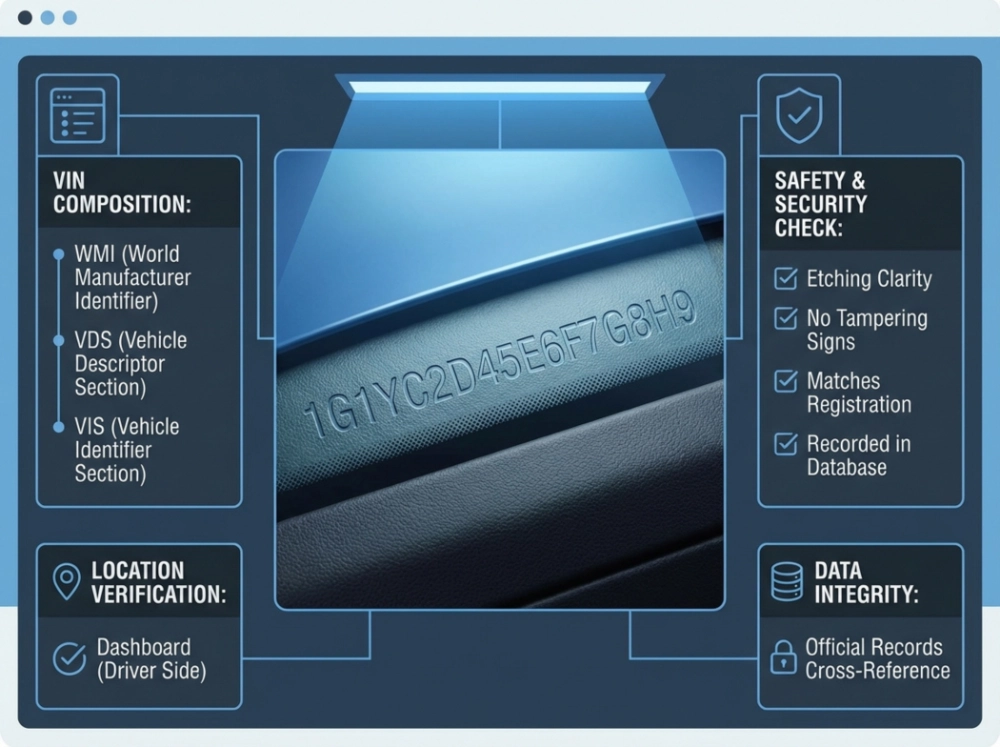 Extreme close-up of a 17-digit VIN etched into a car's dashboard glass