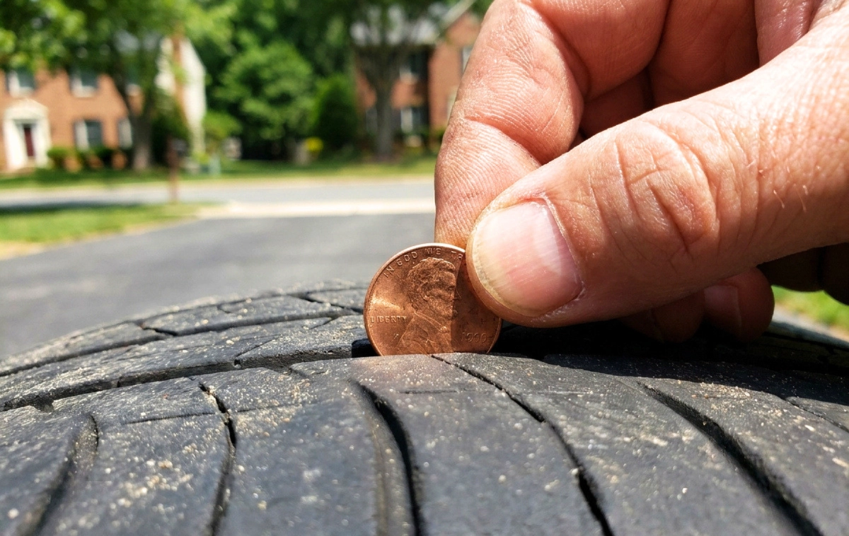 A hand performing the 'Penny Test' on a tire tread with a close-up of Lincoln's head.