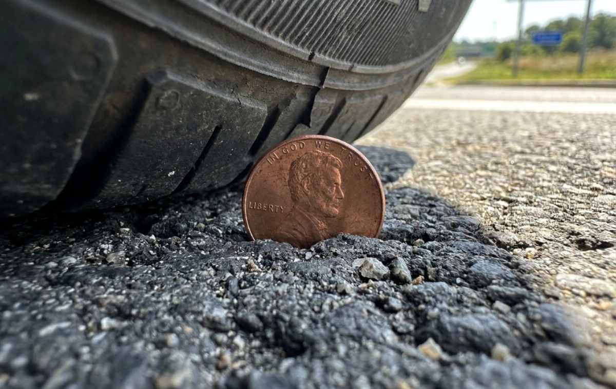 A penny being check tire tread depth