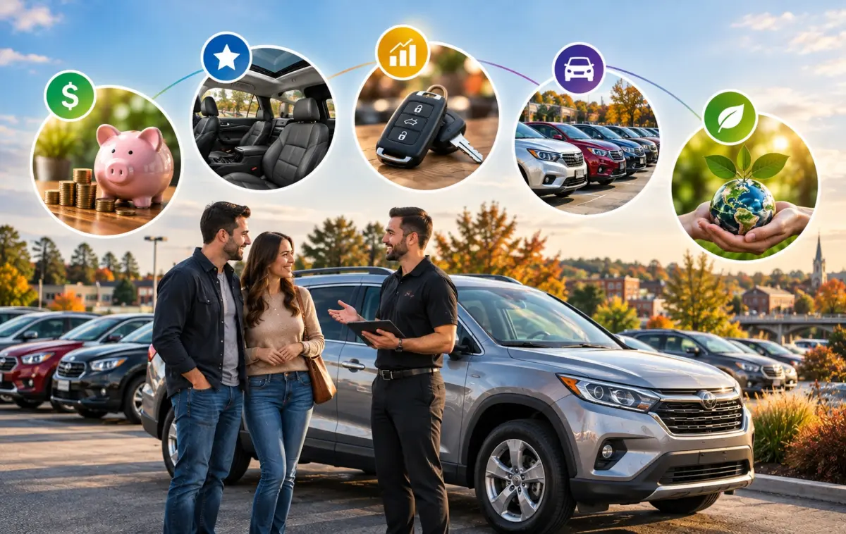 Car salesman talking with couple on dealership lot with icons showing vehicle buying benefits.