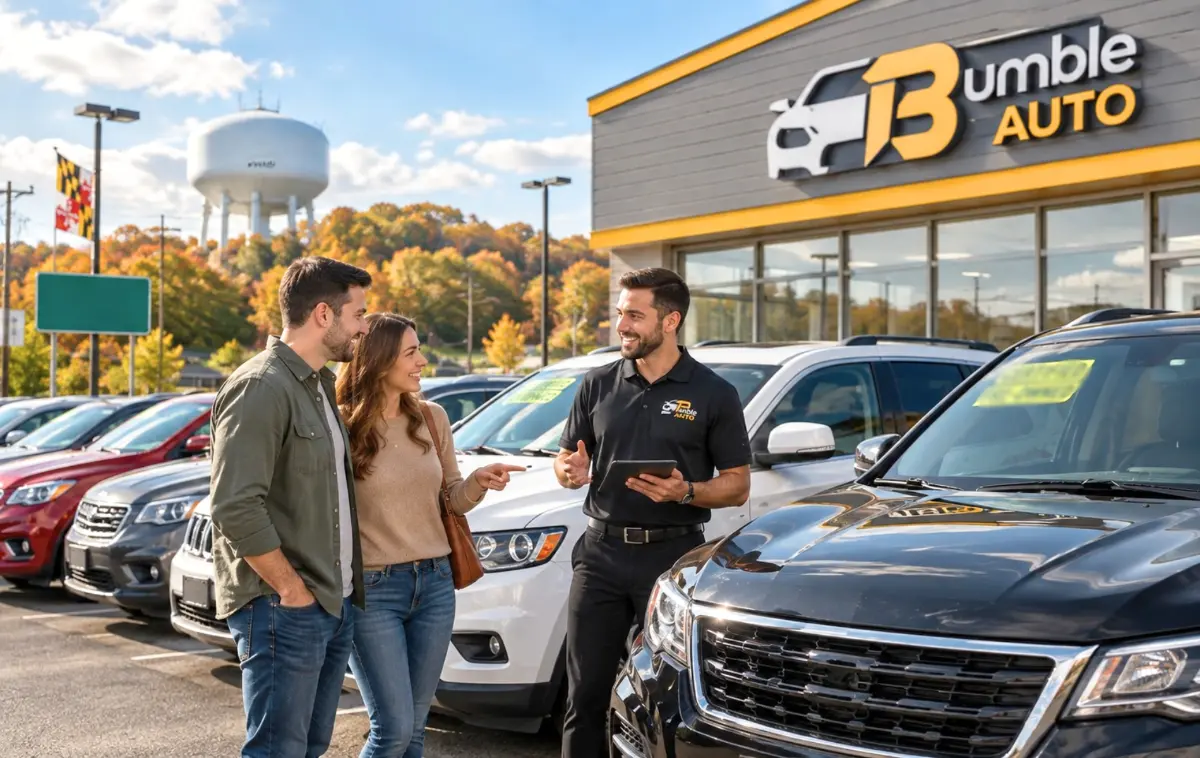 Car salesman speaking with a couple outside the Bumble Auto dealership lot.
