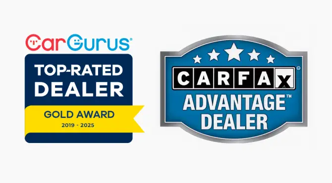 CarGurus Top-Rated Dealer Gold Award and CARFAX Advantage Dealer certification badges