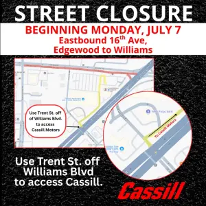 Road Closure Alert – 16th Ave Access to Cassill Motors Affected Beginning July 7
