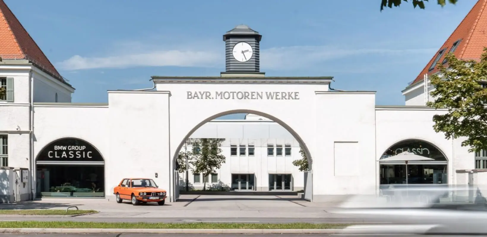 A street view of the historic BMW Plant Munich.