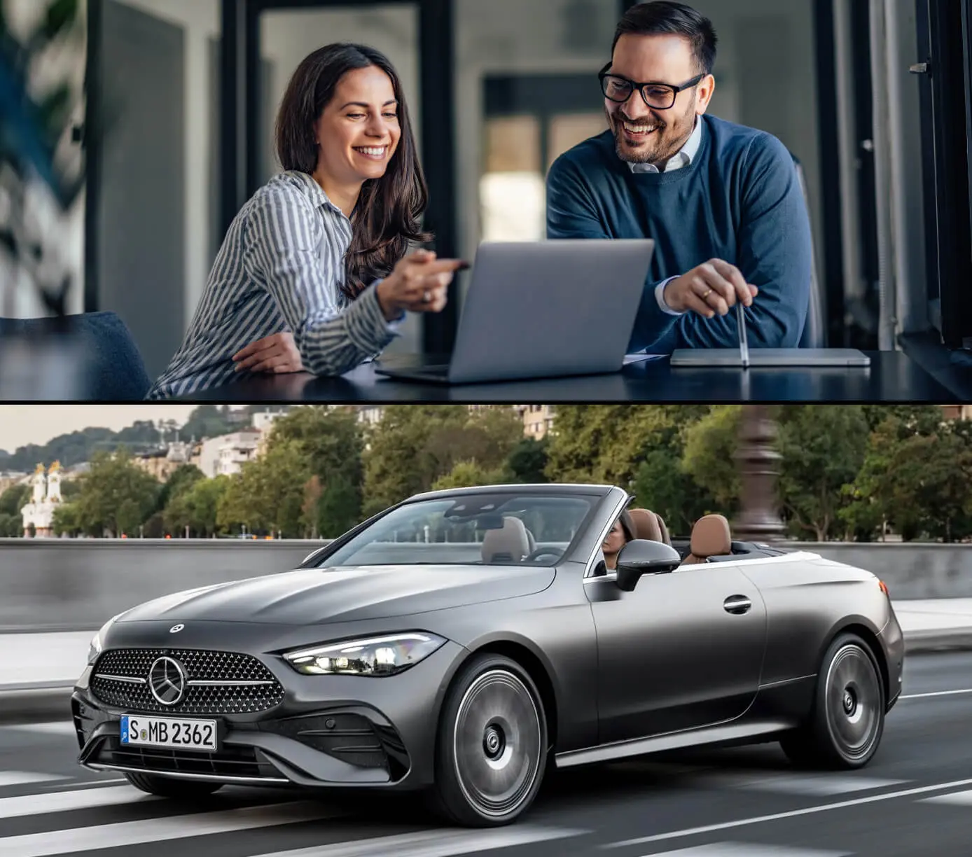A couple smiles while reading from a laptop. A Woman drives a Mercedes down a city street.