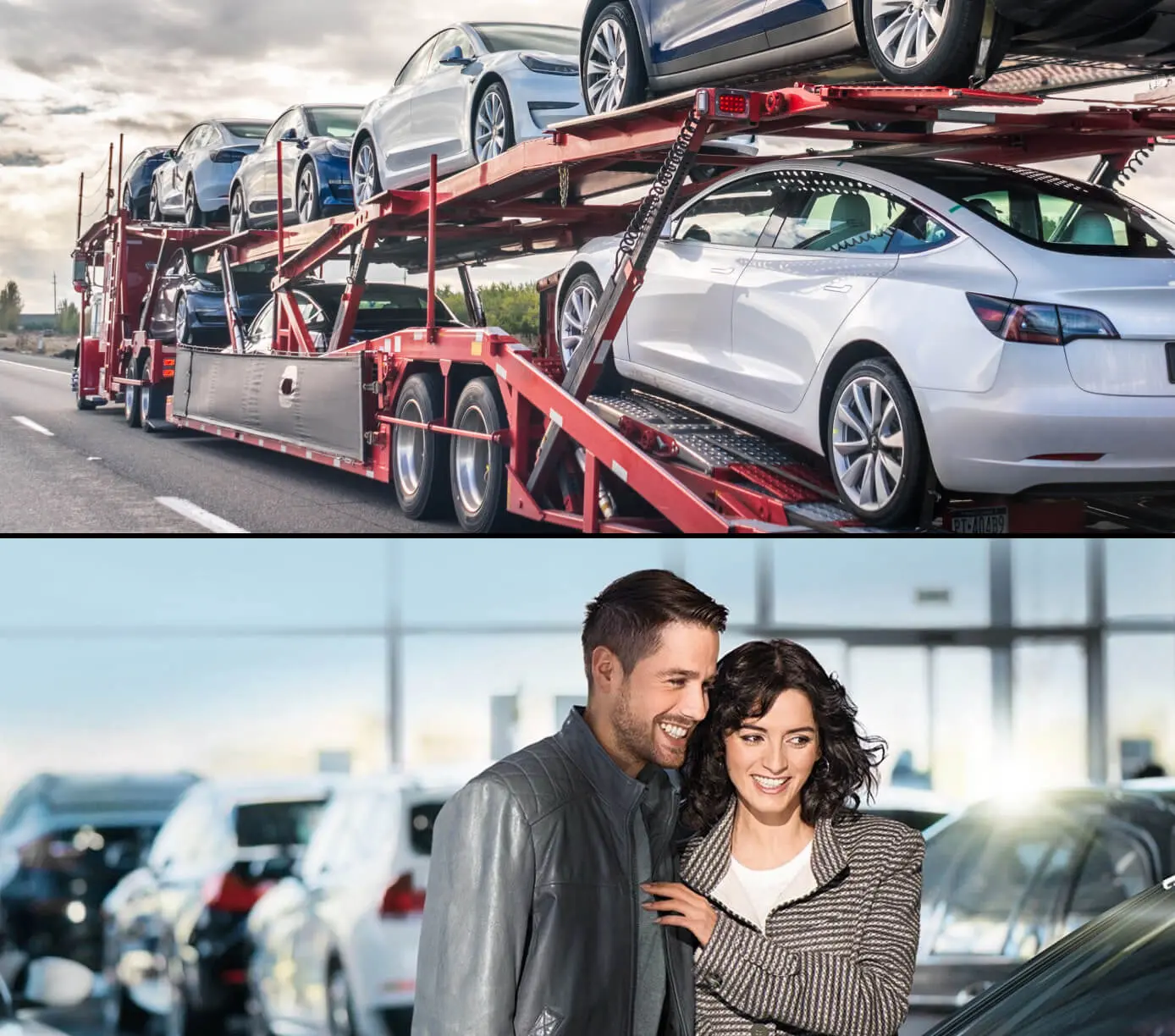 A cargo truck carries a load of luxury cars down a highway. A couple smiles while shopping for luxury cars.