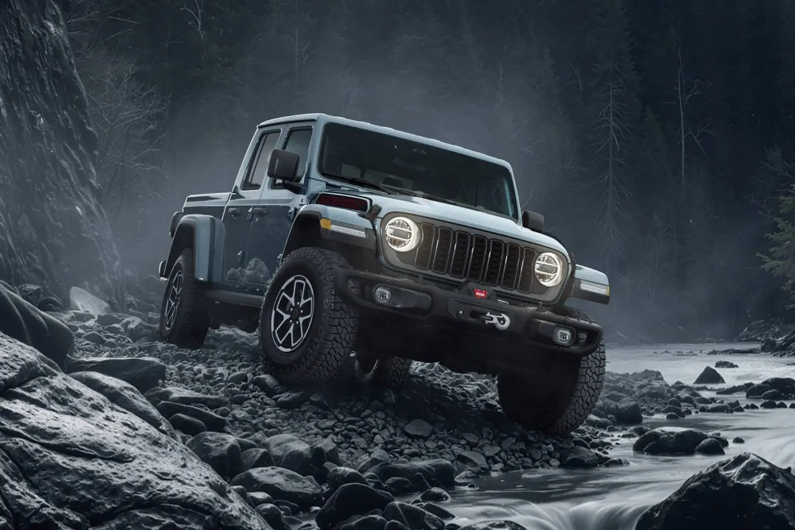 A jeep gladiator driving off-road in the rain.