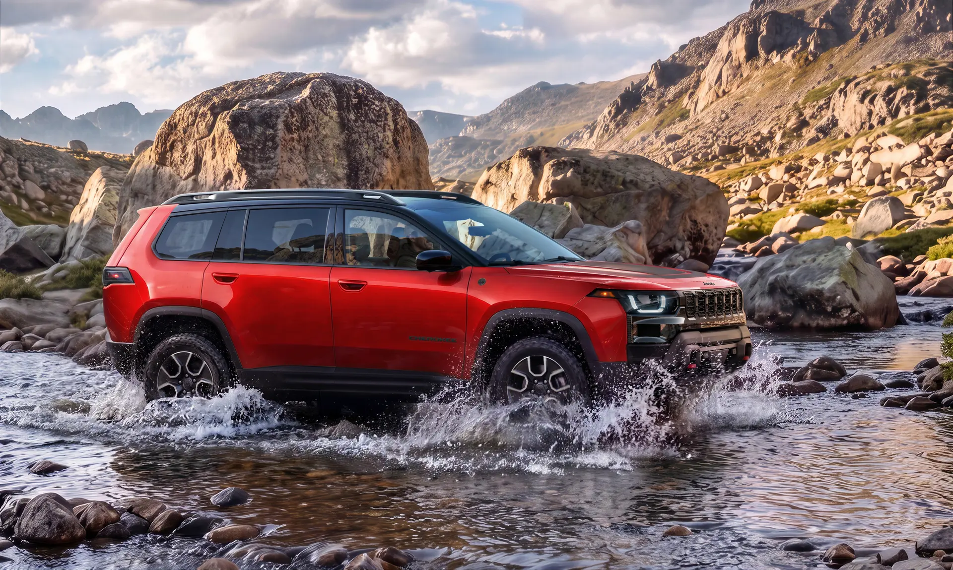 A red cherokee driving through the water.