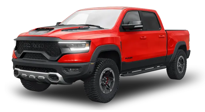 A red RAM truck front left angle