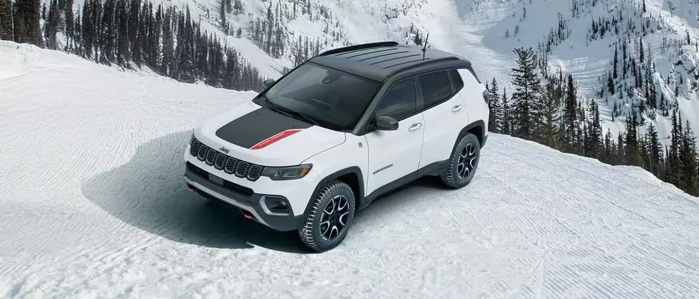 A white suv parked in the snow.