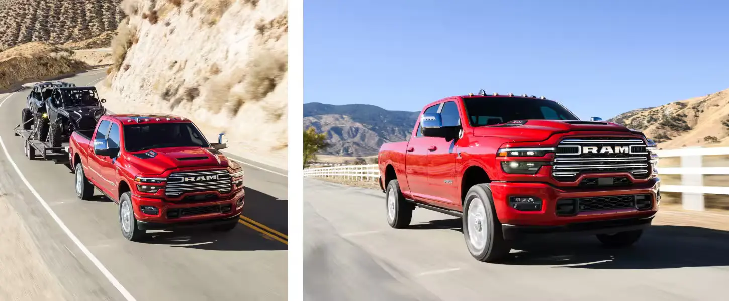 A ram 1500 pulling a trailer and driving on the road.
