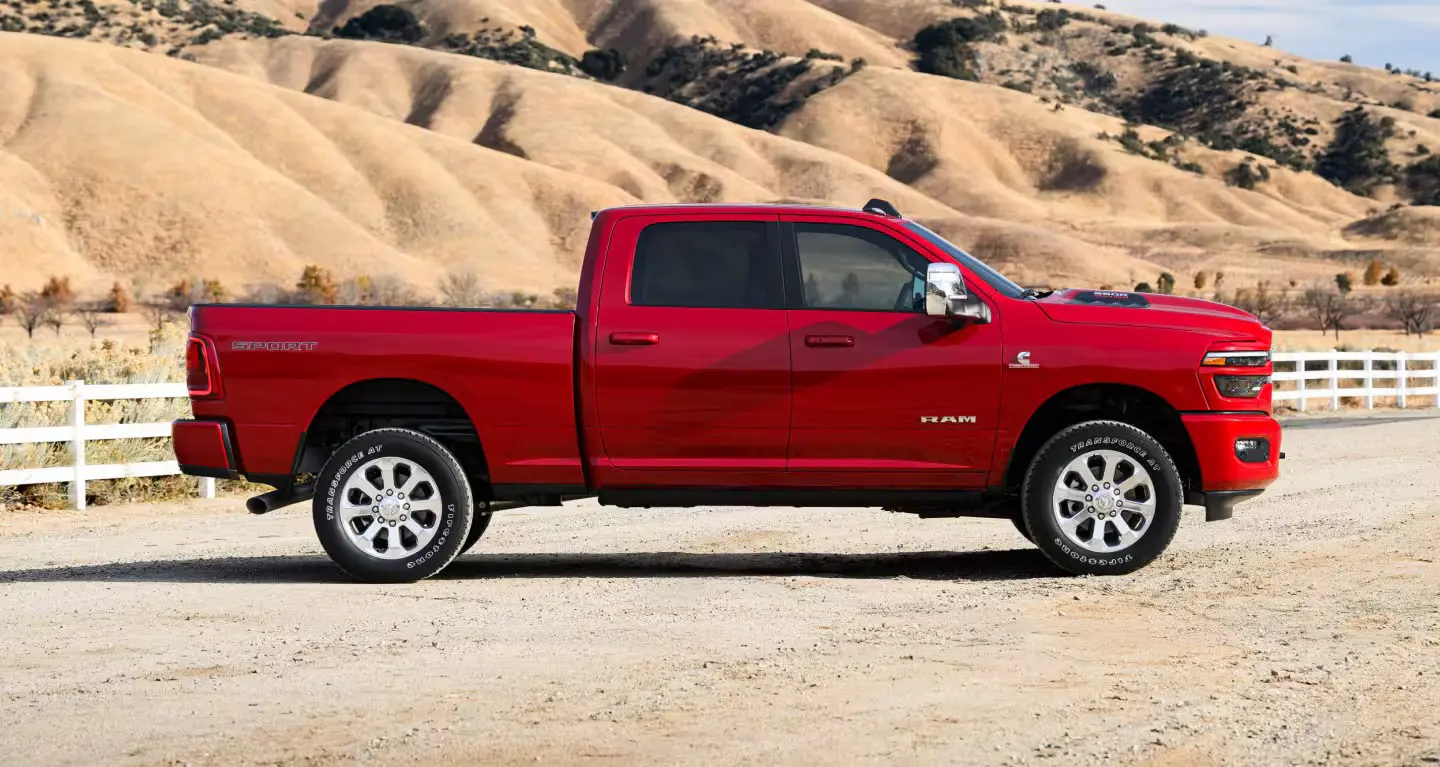 side profile of a ram 2500 heavy duty truck in red