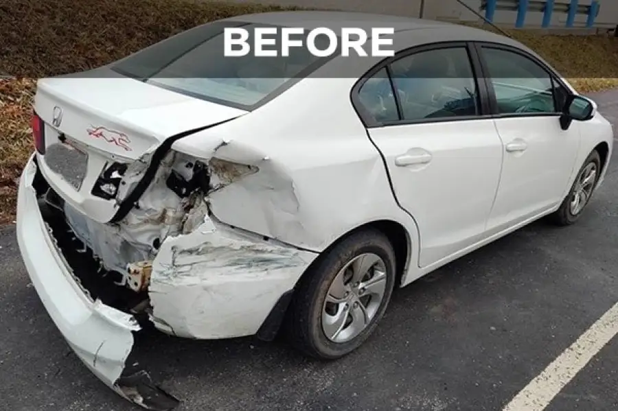 Damaged Honda Civic rear bumper before collision repair at Honda of Mansfield in Ontario, OH