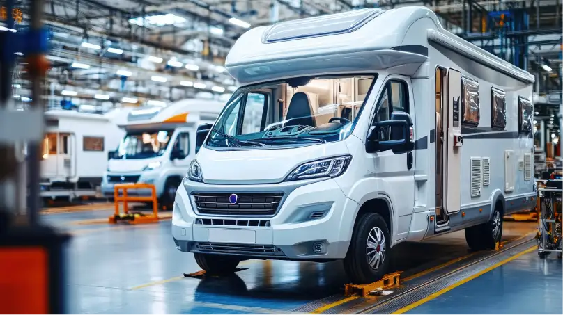 RV motorhome on assembly line inside manufacturing facility.