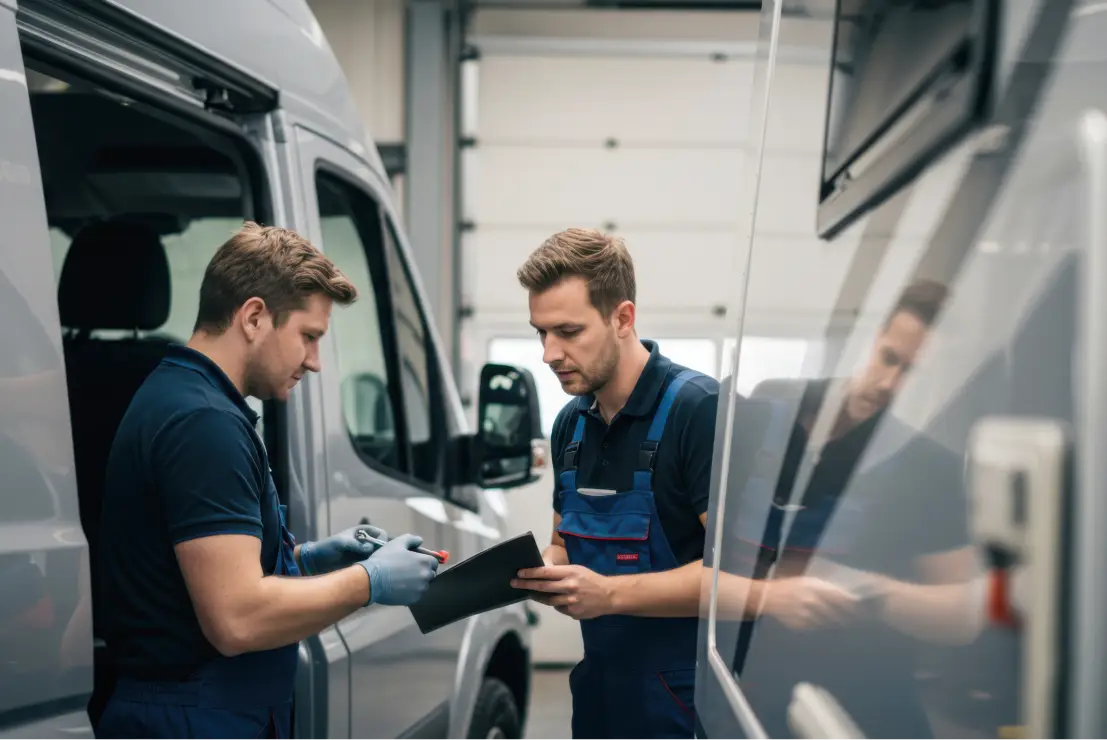 Technicians inspecting RV inside service bay.