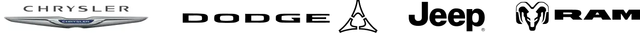 Chrysler, Dodge, Jeep, and Ram vehicle brand logos.