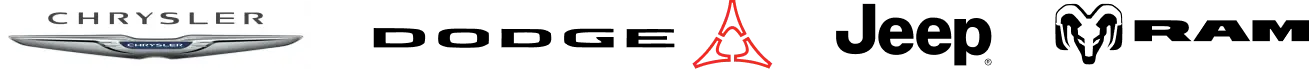 Chrysler, Dodge, Jeep, and Ram vehicle brand logos.