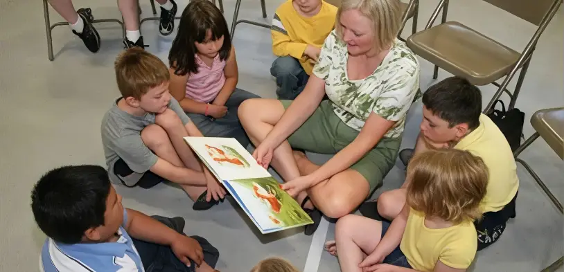 Glenda Howard reading a book to a group of children, reflecting the Howard family's focus on education