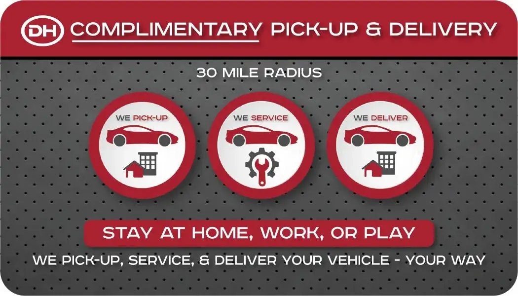 Graphic showing Dale Howard Auto Center's complimentary pick-up and delivery service within a 30-mile radius