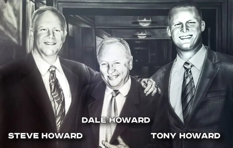 Black and white portrait of three generations of the Howard family: Dale Howard, Steve Howard, and Tony Howard