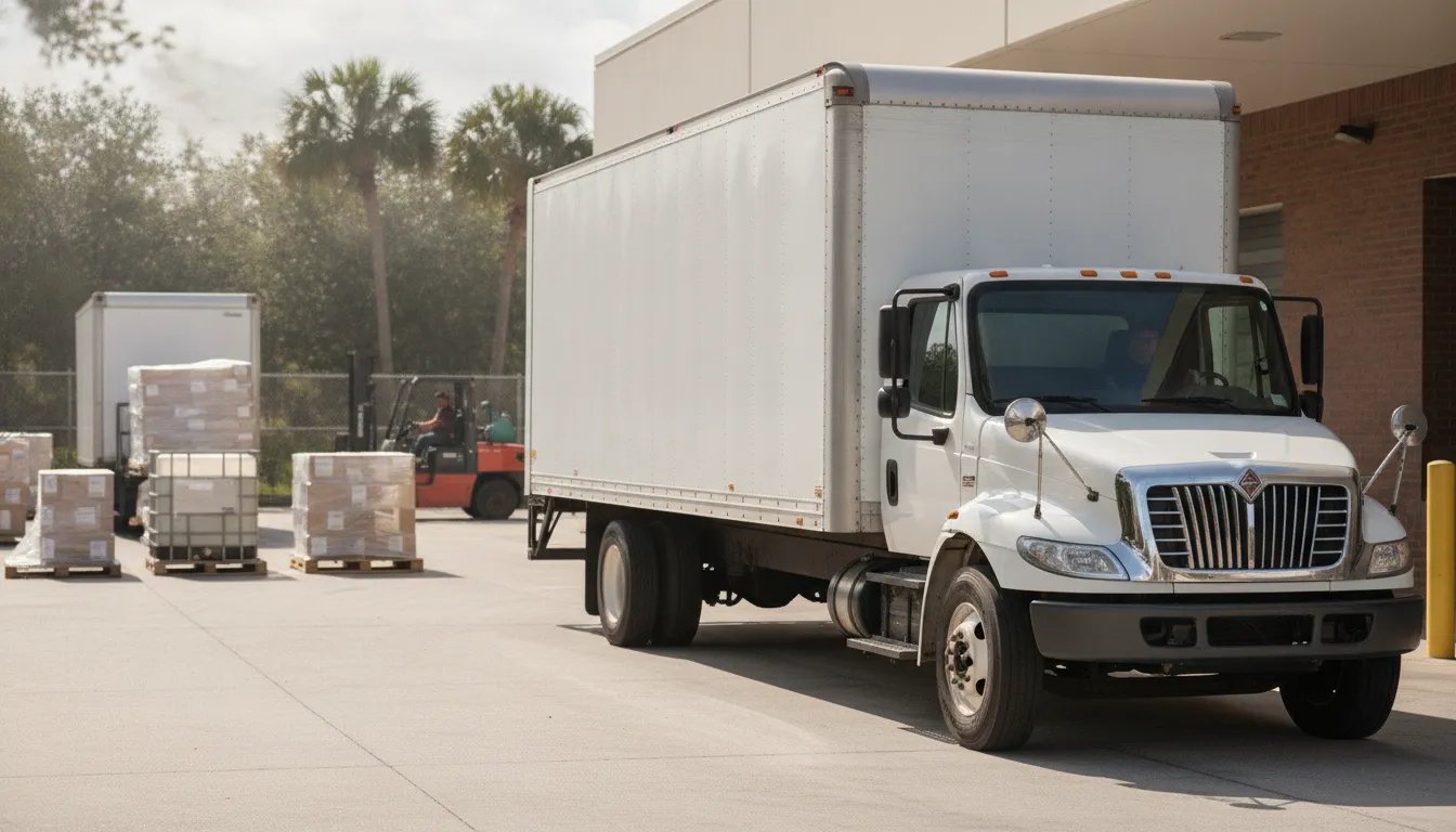Commercial box truck parked at a business loading area