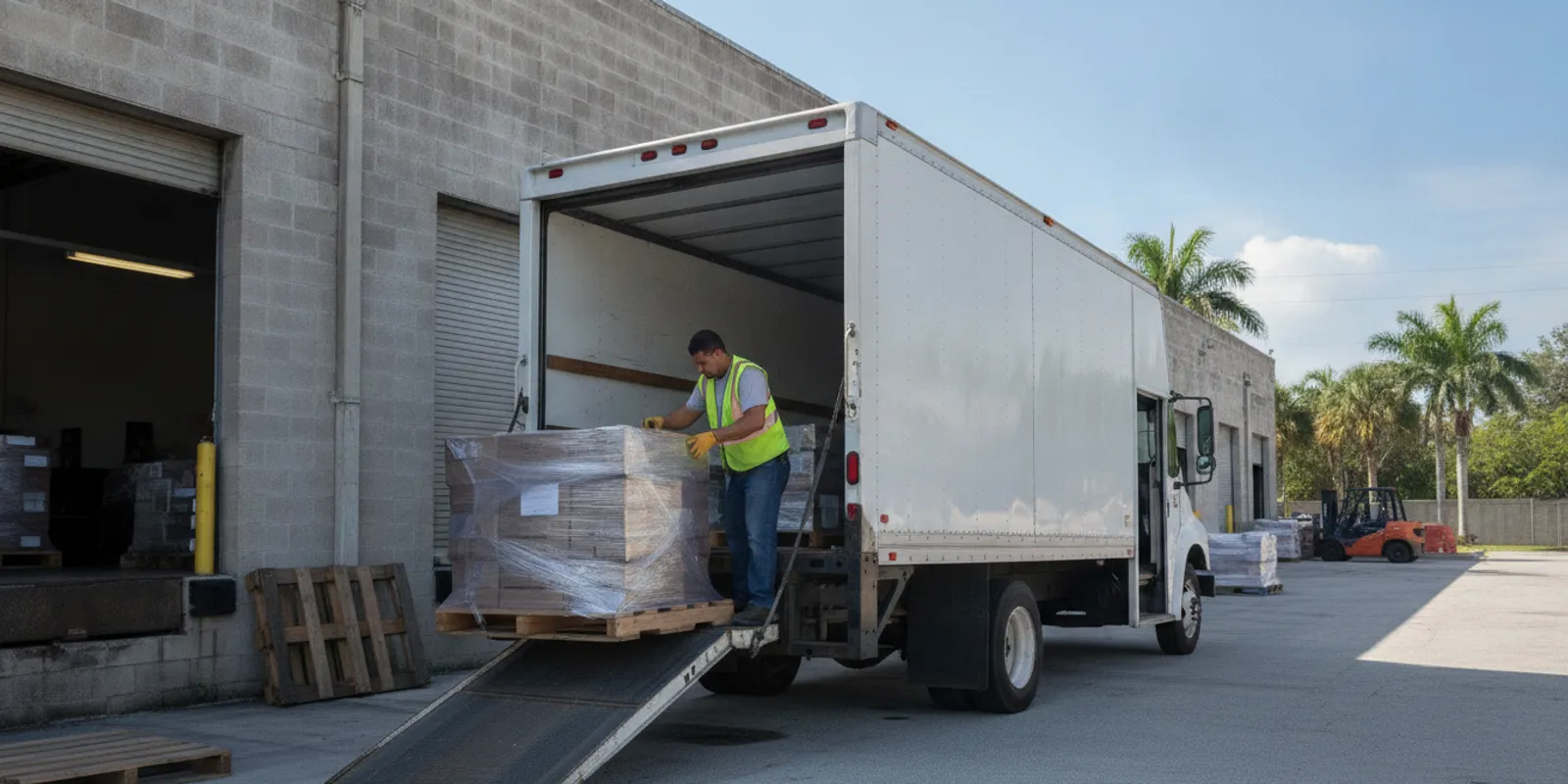 Commercial box truck with a liftgate lowered at a warehouse loading area