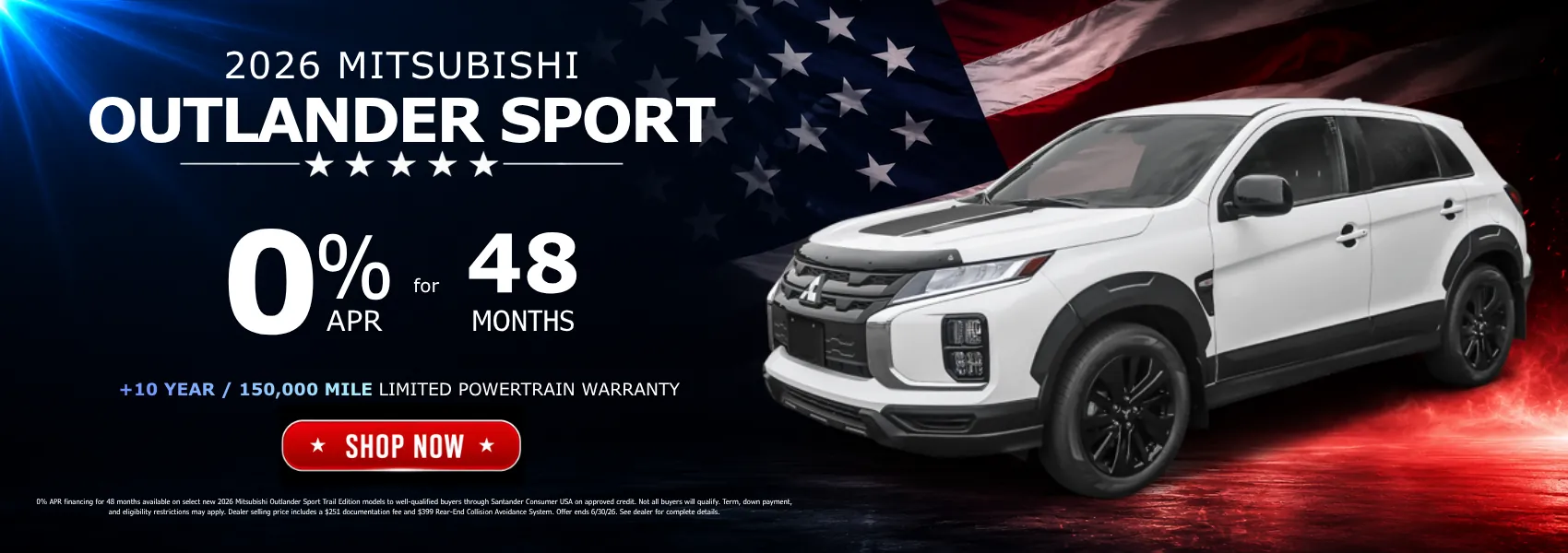 2026 Mitsubishi Outlander Sport Trail Edition SUV with 0% APR financing for 48 months and 10-year powertrain warranty.