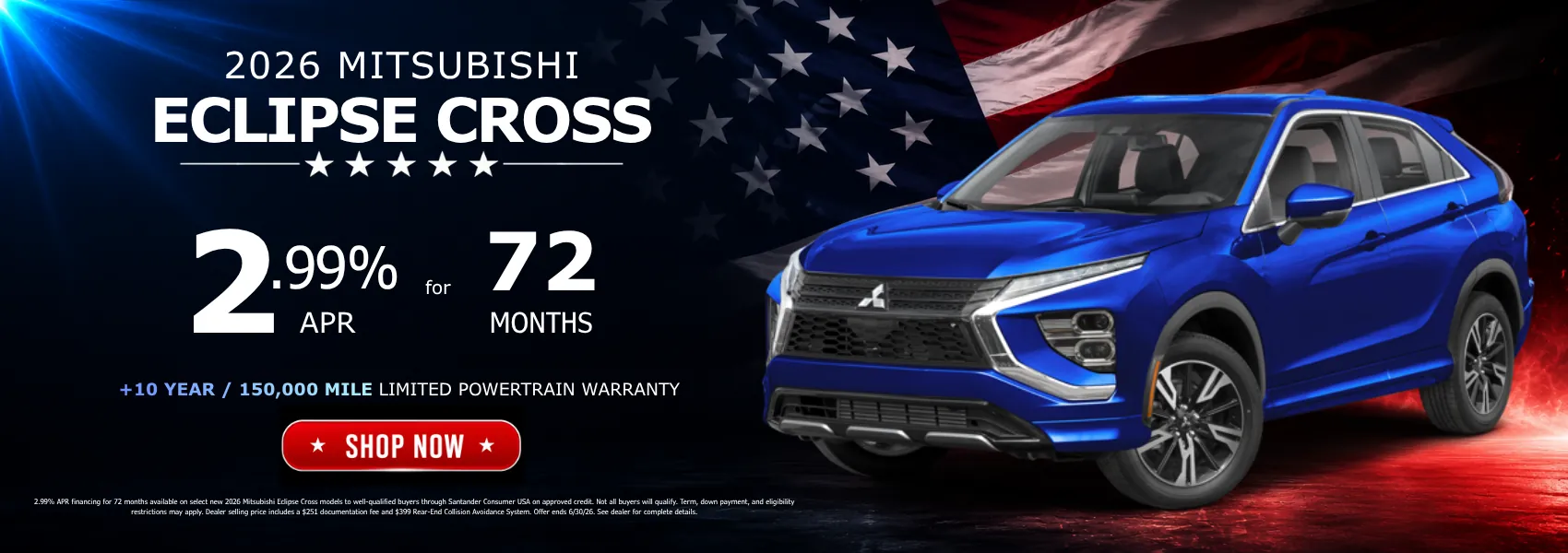 2026 Mitsubishi Eclipse Cross SUV in blue with 2.99% APR financing for 72 months and 10-year 150,000-mile powertrain warranty promotion.