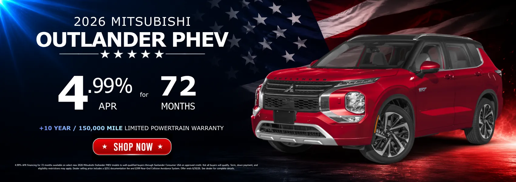 Red 2026 Mitsubishi Outlander PHEV plug-in hybrid SUV with 4.99% APR financing for 72 months and Mitsubishi warranty offer.