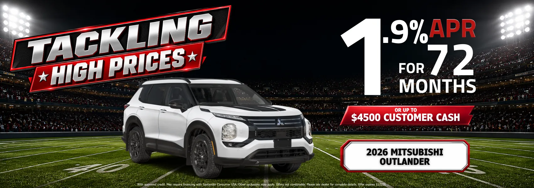 2026 Mitsubishi Outlander SUV with 1.9% APR financing for 72 months and Mitsubishi 10-year 150,000-mile warranty promotion.