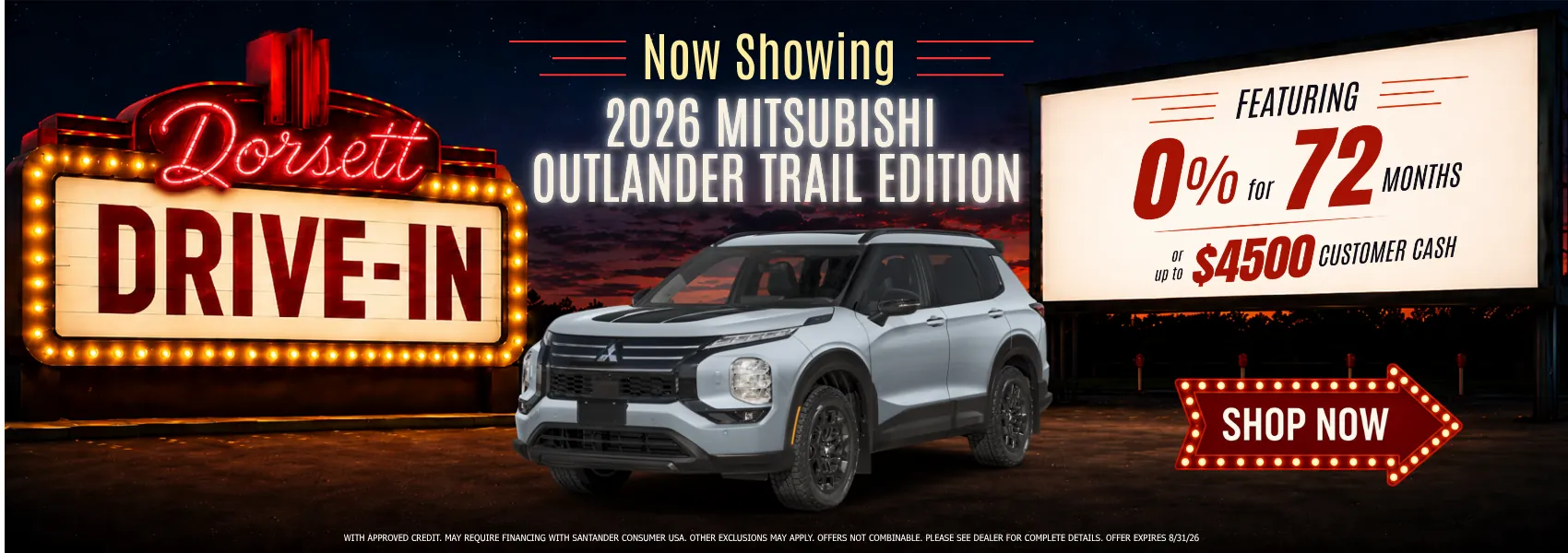 2026 Mitsubishi Outlander SUV with 0% APR financing for 72 months and Mitsubishi 10-year 150,000-mile warranty promotion.