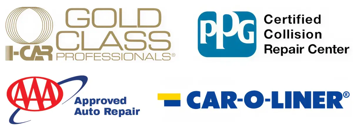 I-CAR Gold Class, PPG Certified Collision Repair Center, AAA Approved Auto Repair, and CAR-O-LINER certification logos
