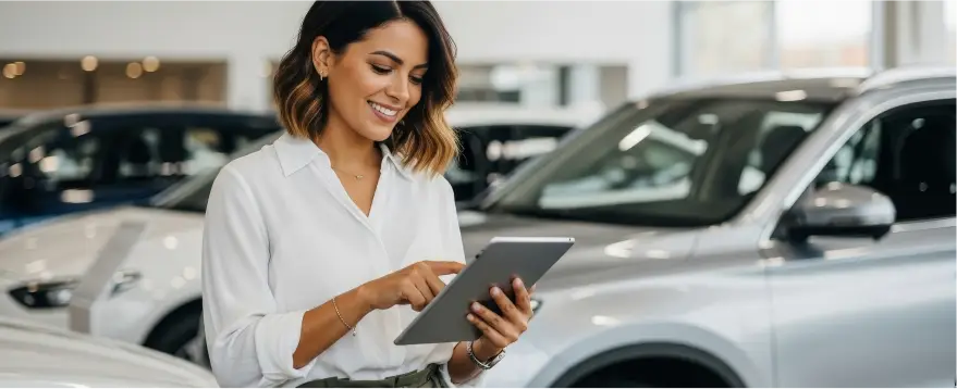 Customer browsing used vehicles with a tablet at Electric Car Corner