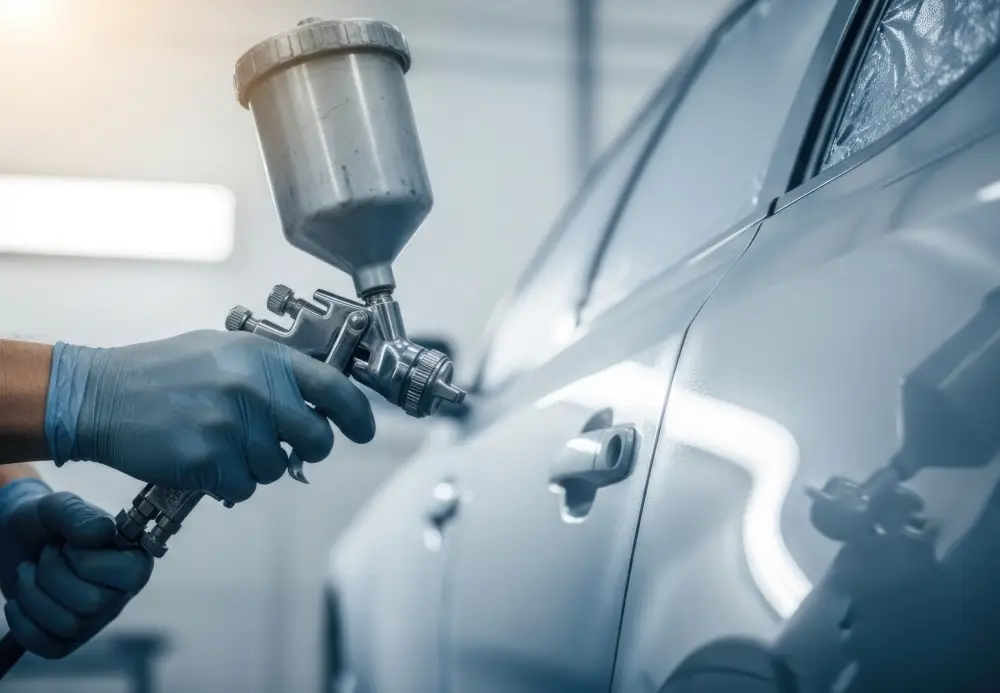 Technician applying automotive paint to a vehicle at a collision center