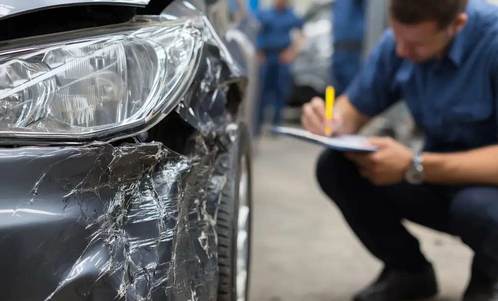 Technician inspecting and documenting front-end vehicle damage at Emich Automotive Collision Center