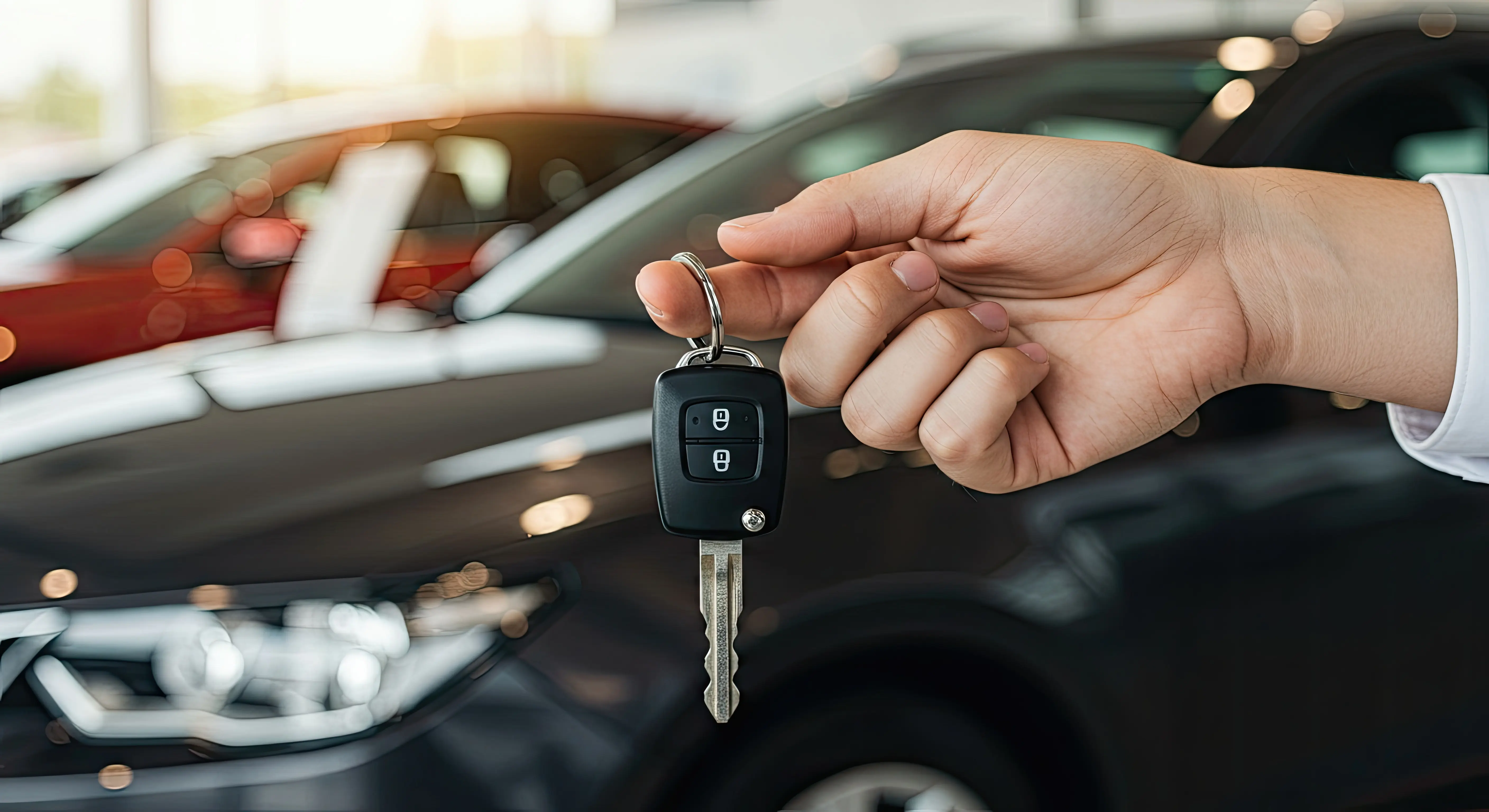 Hand holding a car key fob in front of a vehicle at an automotive dealership showroom
