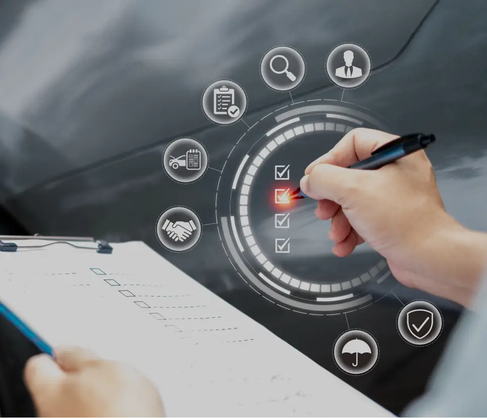 Hand marking a digital checklist representing vehicle warranty benefits and coverage options