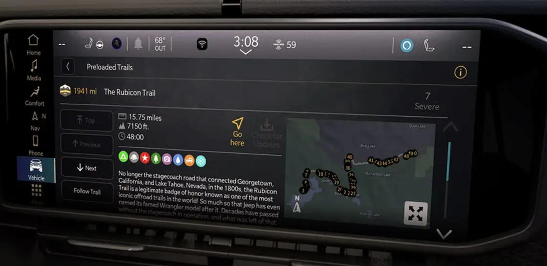 Uconnect navigation screen with off-road trail map