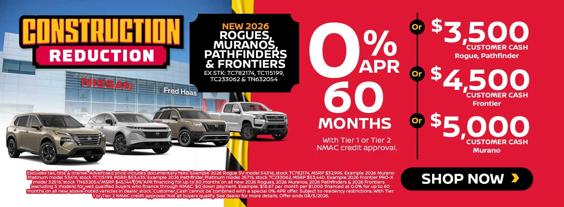 New 2026 Rogues, Muranos, Pathfinders, Frontiers 0% APR