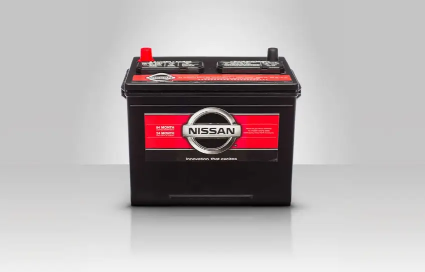 Nissan Genuine replacement battery on a gray studio background