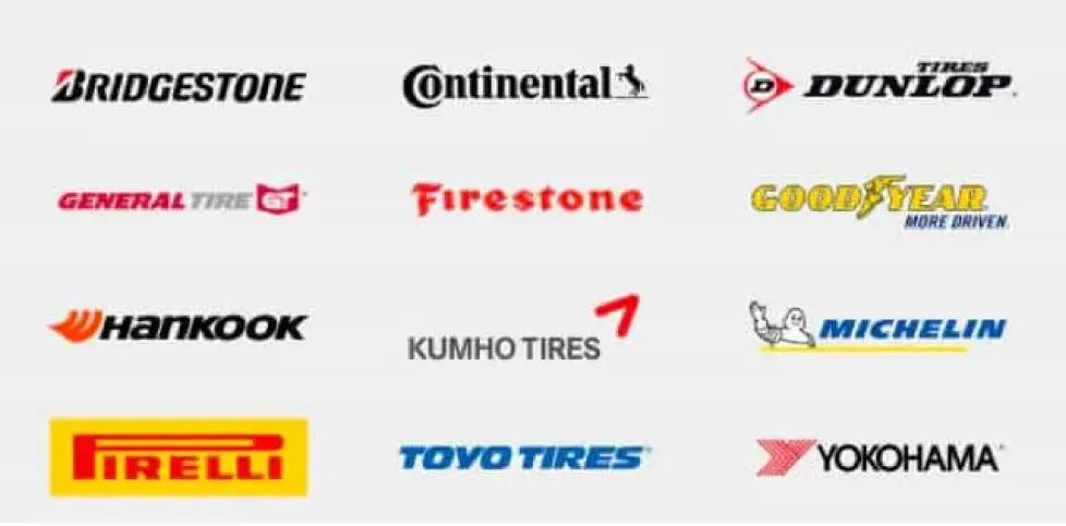 Logos of major tire brands including Bridgestone, Michelin, and Goodyear