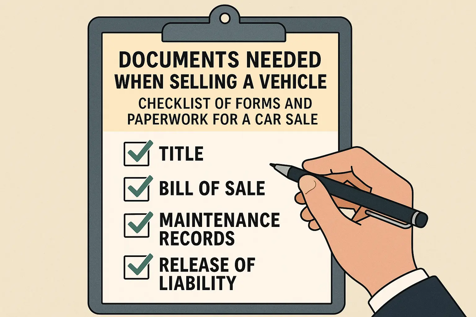 A checklist of required documents and forms on a desk, including car title, bill of sale, and registration, for selling a vehicle