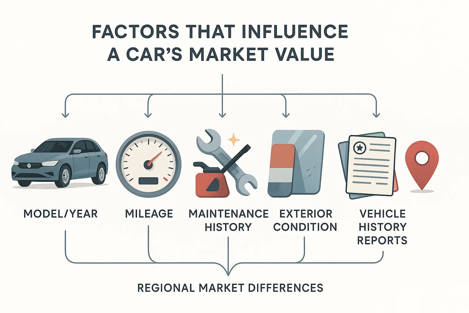 Minimalist infographic showing key factors influencing car market value, with vector icons for model, mileage, maintenance, exterior condition, paperwork, and location, connected by arrows and labeled in clean font. Objects use calm blues, grays, and reds on a white background for clarity and accessibility.