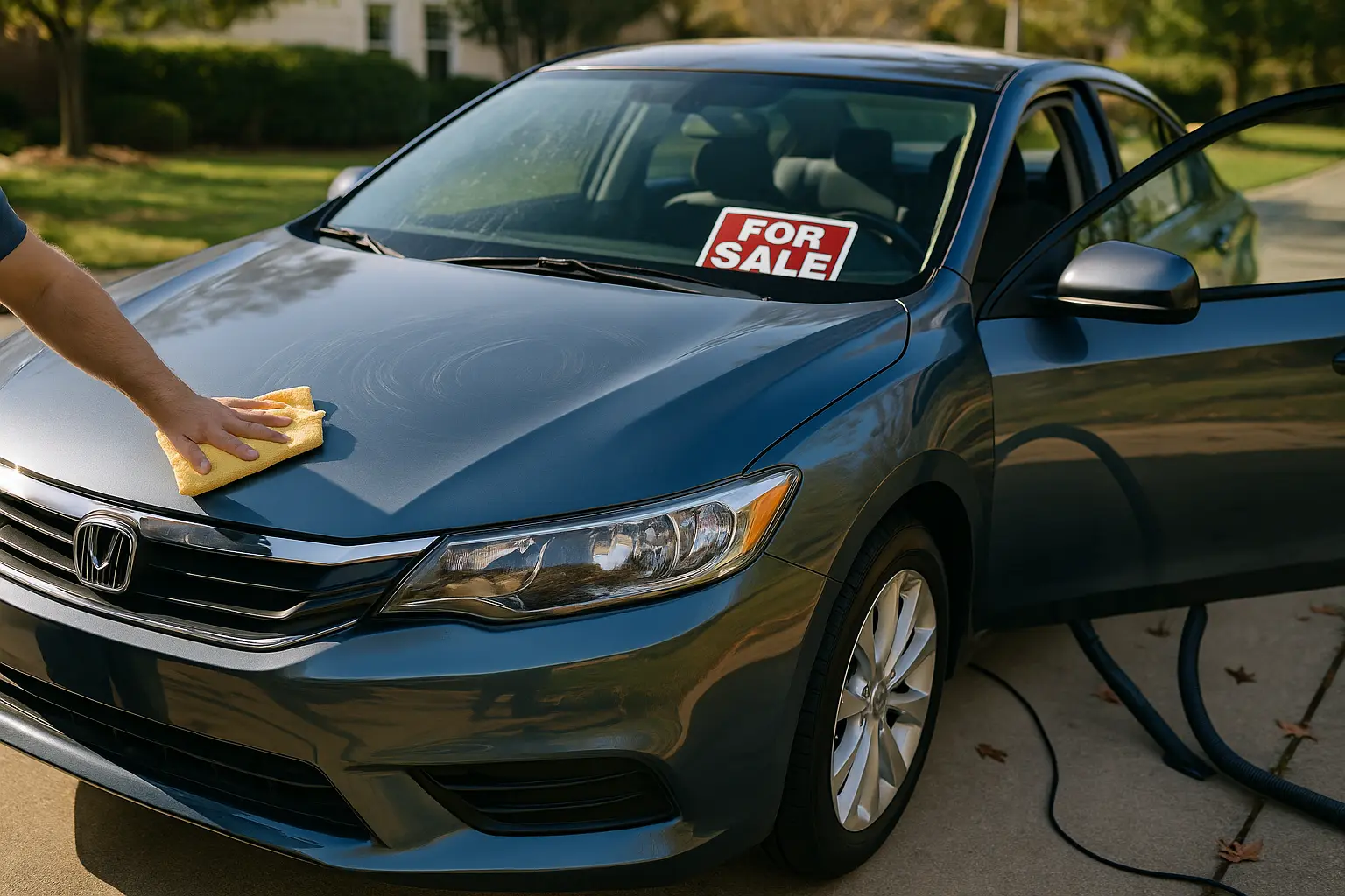A person details a metallic blue sedan in a suburban driveway, waxing the hood, cleaning the windshield, and vacuuming the interior, preparing the car for sale. Sunlight highlights the vehicle’s gleaming finish, glossy tires, and lifelike textures, with neat yard and trees in the background.