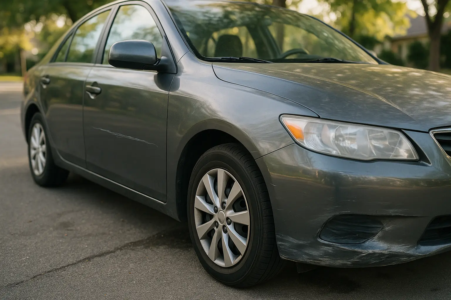 Medium-grey sedan parked on a suburban street, showing cosmetic damage including a shallow scratch on the door, scuffed front bumper with faded paint, a small dent on the rear panel, swirl marks, and dust, all under soft natural daylight.