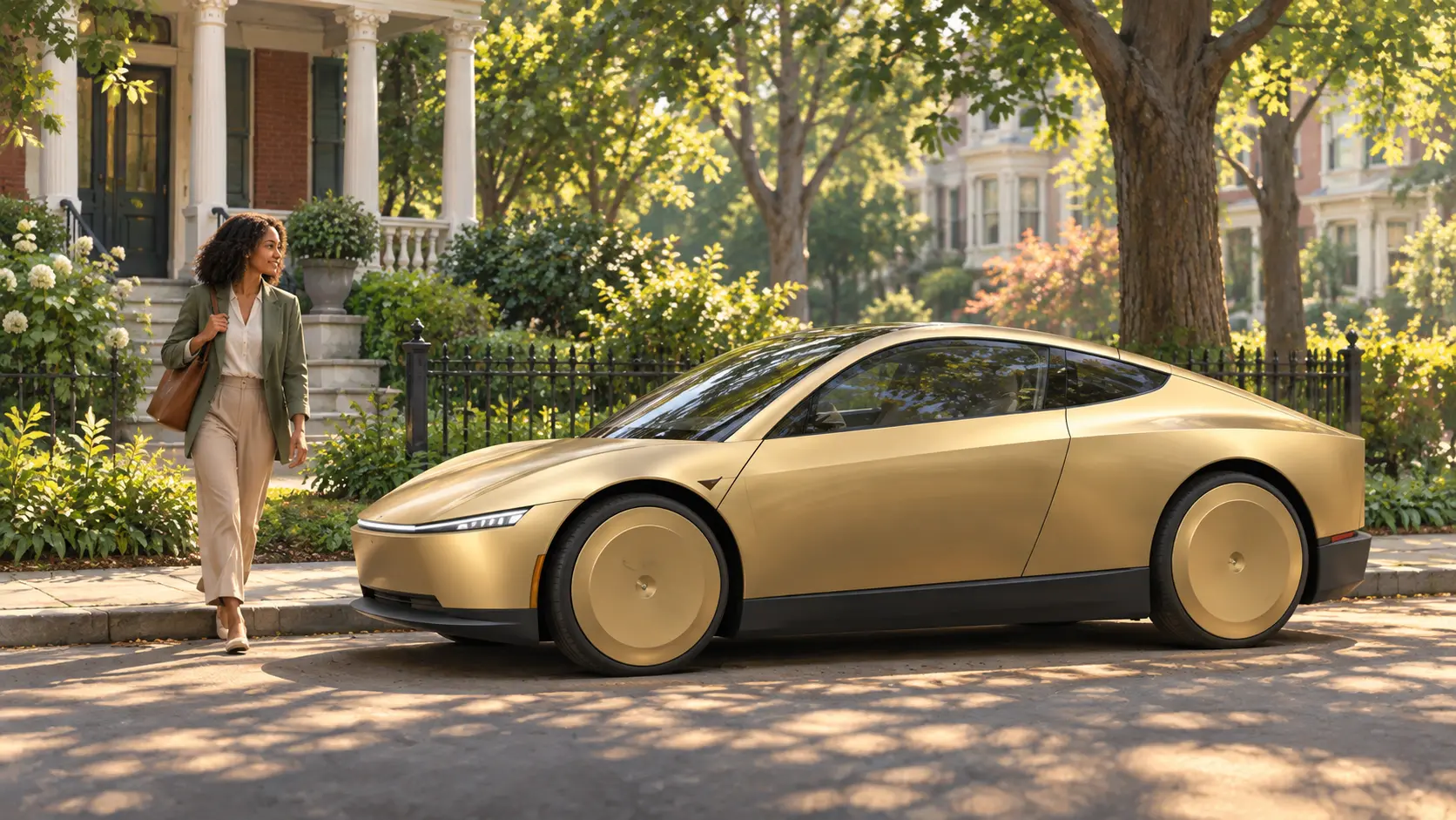 Concept illustration of a gold two-door autonomous vehicle and a passenger in a Richmond-style neighborhood