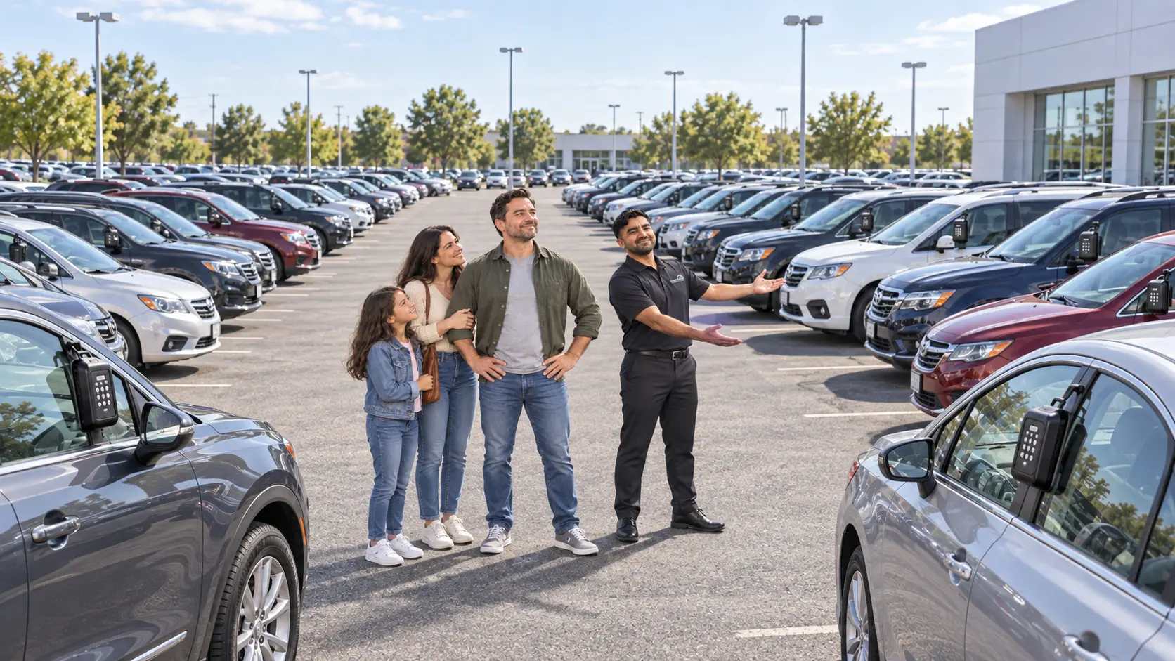 Future self-serve concept: a confident customer with his wife and child, visible vehicle key boxes, and Safi welcoming them to browse independently