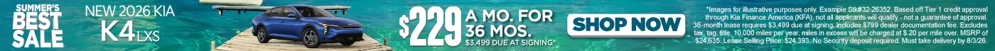 New 2026 Kia K4 LXS "Lease for $229/mo for 36 months* $3,499 due at signing"