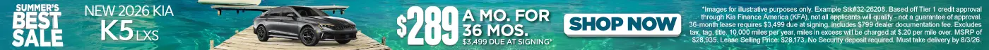 New 2026 Kia K5 LXS "Lease for $289/mo for 36 months* $3,499 due at signing"